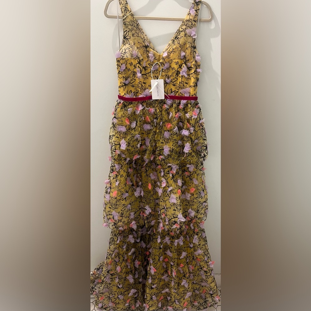 Marchesa Yellow Floral V-Neck Tiered Maxi with Pink Belt - Picture 8 of 11